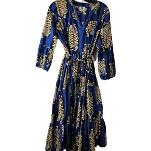 The Roots Tiger Animal Print Leopard Safari Resort Womens Blue Dress S Tie Waist